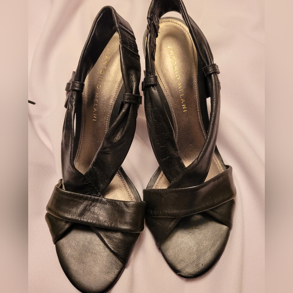 ANTONIO MELANI Strappy spring Black soft leather open toe shoes.